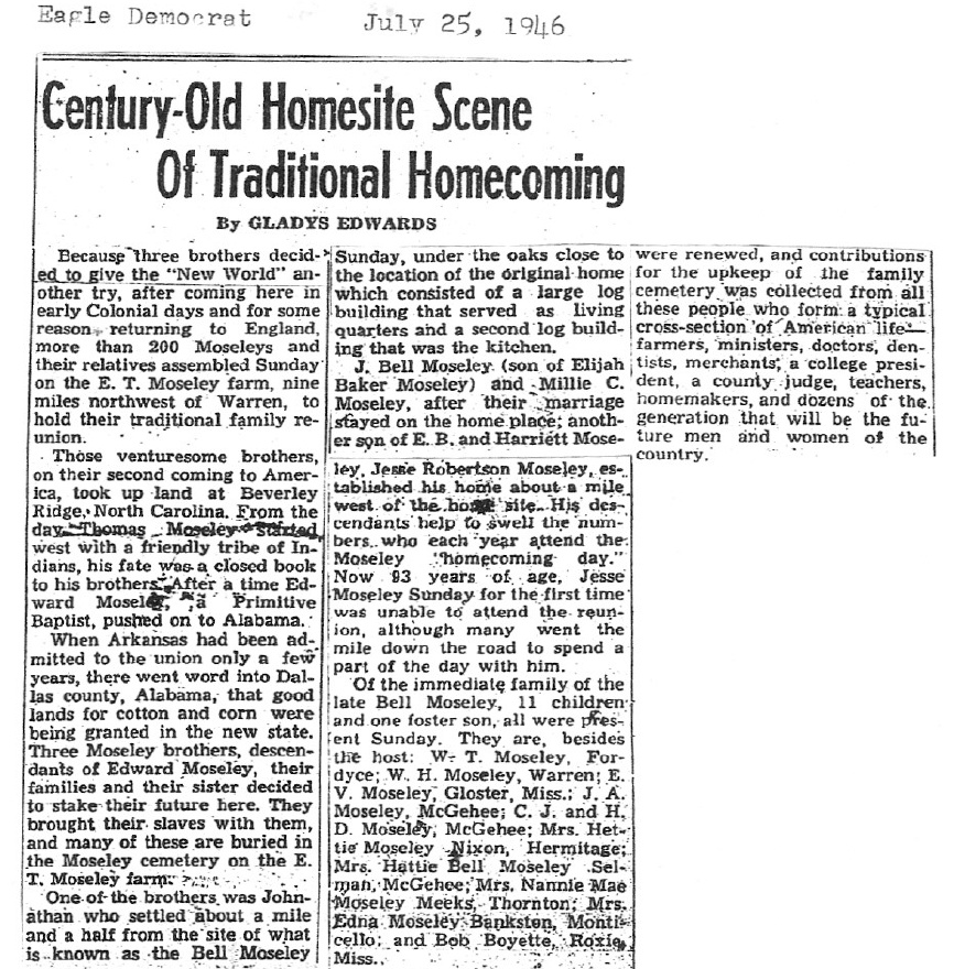 Moseley Homestead near Warren, Arkansas Newspaper Article Part A