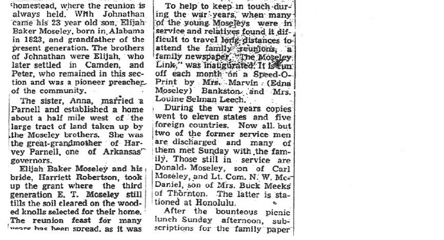 Moseley Homestead near Warren, Arkansas Newspaper Article Part B