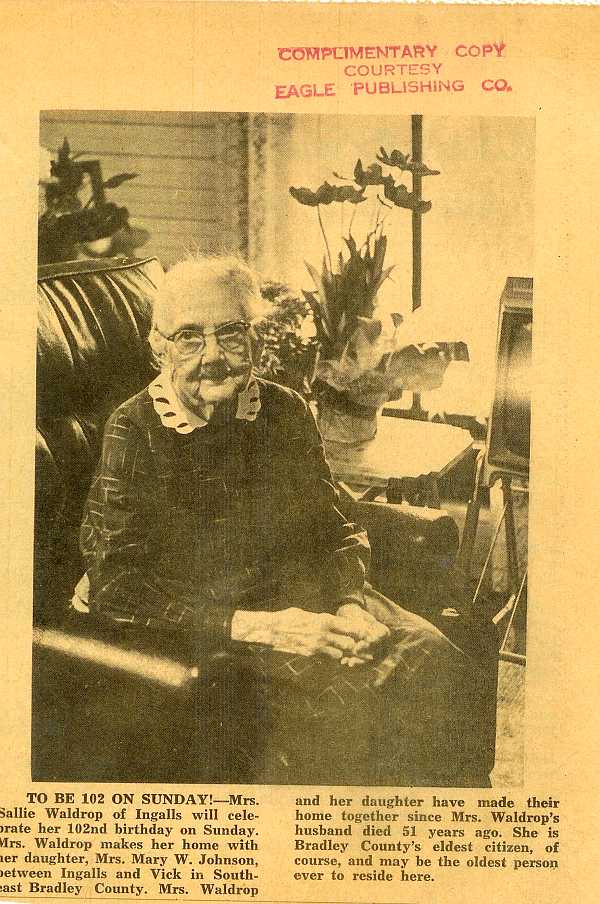 Mrs. Sallie Waldrop to be 102