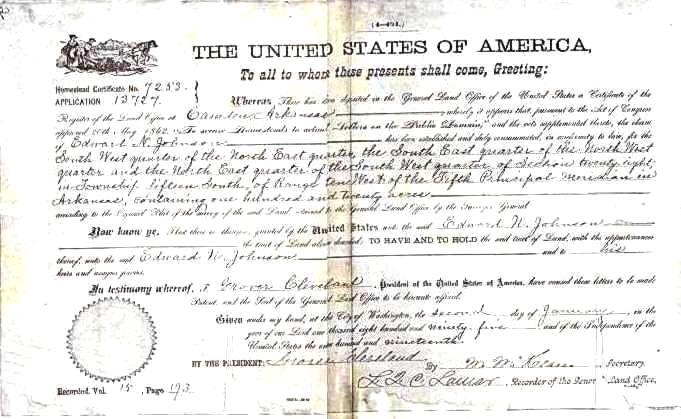 Edward N. Johnson Land Grant Deed 1895