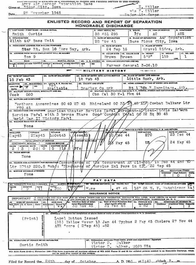 U. S. Army Air Force Honorable Discharge Certificate of Curtis Willard Smith Sr.