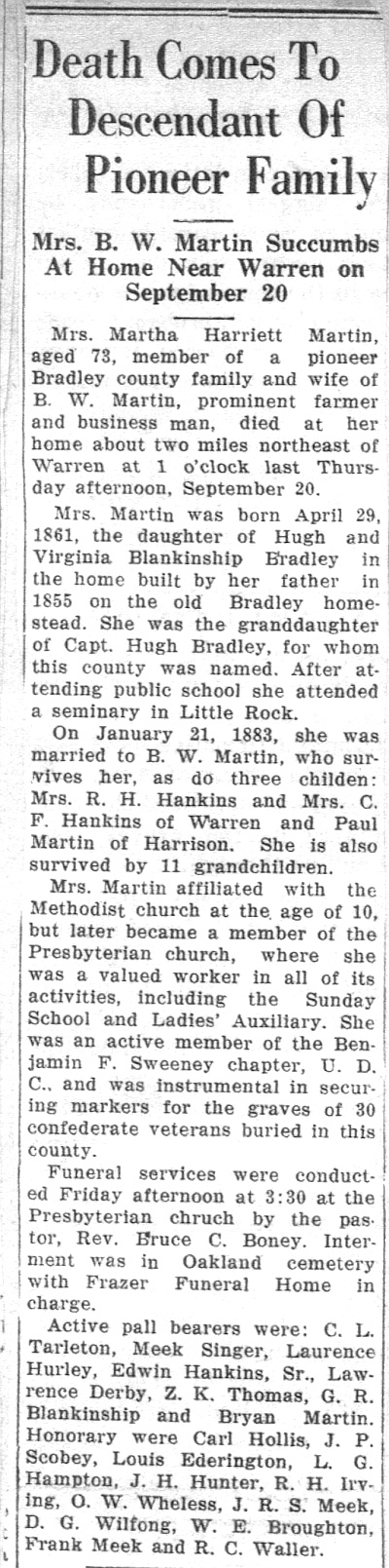 Martha Harriett Bradley Martin Obit