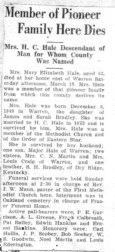 Mart Elizabeth Bradley Hale Obit