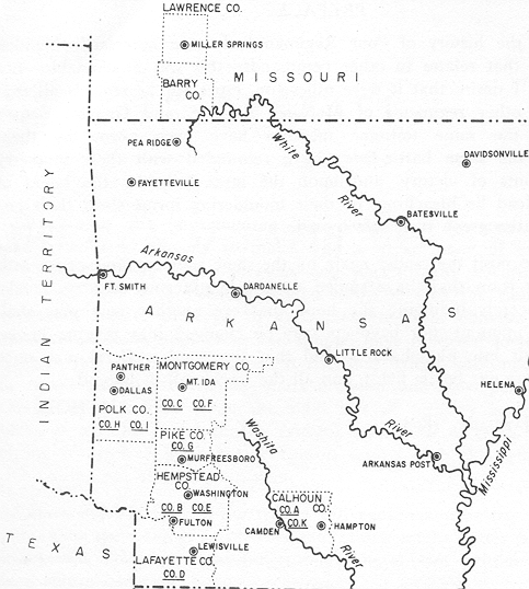 Home Counties of the C.S.A. 4th Arkansas Regiment. Go to muster rolls.