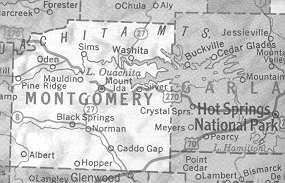 1950s map showing Buckville and Cedar Glades on the north shore of Lake Ouachita.